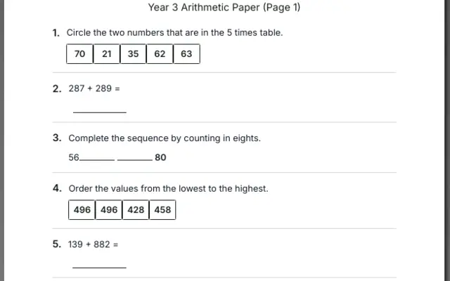 Year 3 Arithmetic Paper preview 1